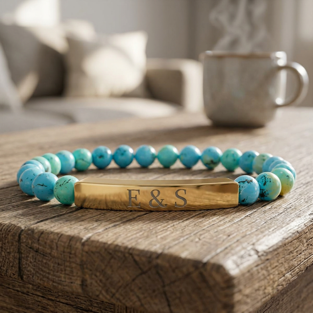 Personalized Engraved Natural Stone Bead Bar Bracelet